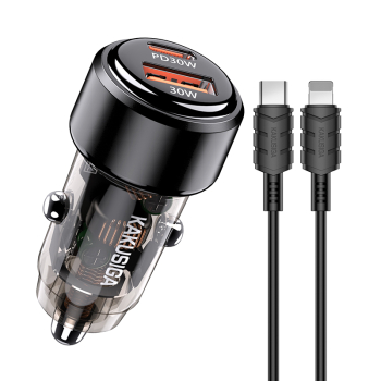 Ładowarka Samochodowa.Kakusiga KSC-1176 USB + PD 60W Kabel Typ-C / Lightning  CZARNA